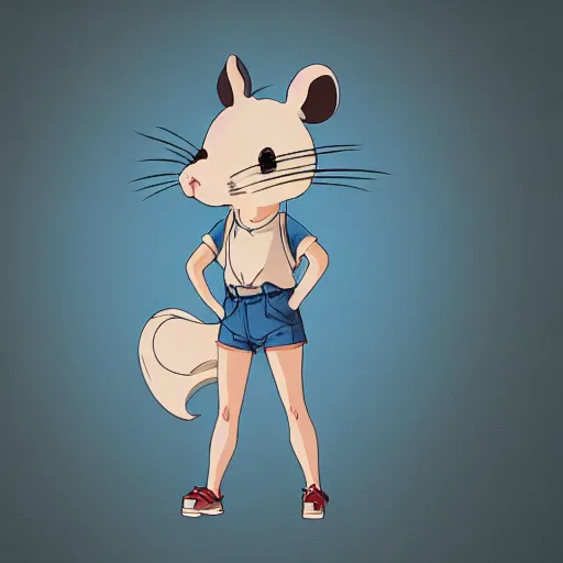 Image similar to in the style of studio ghibli, anthropomorphic mouse, female, wearing denim shorts and tank top, detailed, intricate, aesthetic, artistic, ambient occlusion, volumetric light effect, 8 k resolution