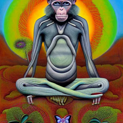 Image similar to an anthromorphic cyborg monkey man meditating in a zen garden, by amanda clark and amanda sage in a psychedelic style, oil on canvas