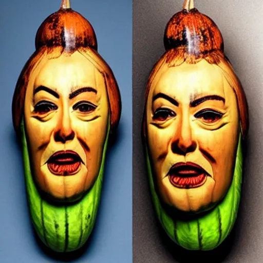 Image similar to a [ gourd ] carved shaped to look like ( amber heard face ) hybrid intercross