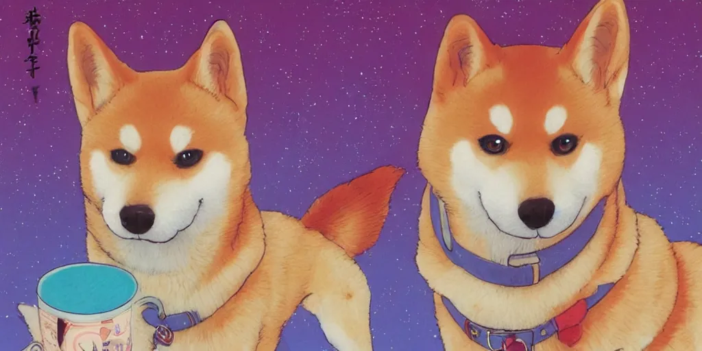 Image similar to a portrait of a shiba inu, in the art style of 8 0 s anime, japanese city pop color palette, naoko takeuchi, hajime yatate