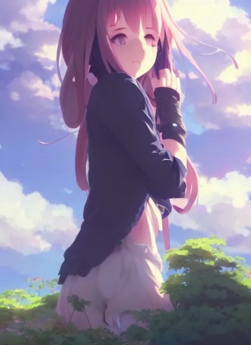 Image similar to portrait of cute catgirl, cloudy sky background lush landscape illustration concept art anime key visual trending pixiv fanbox by wlop and greg rutkowski and makoto shinkai and studio ghibli