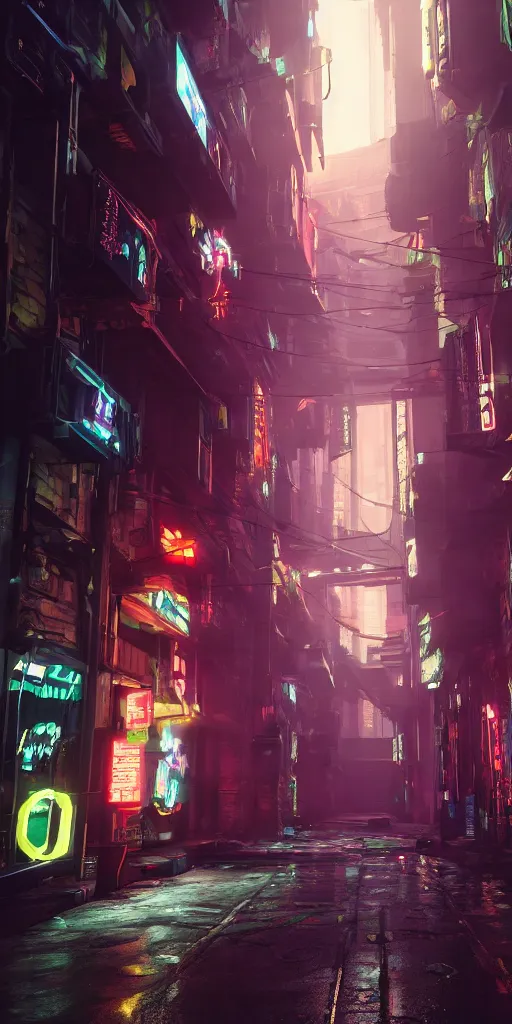 Prompt: cyberpunk alley by death burger, 8 k, raytracing, unreal engine 5,