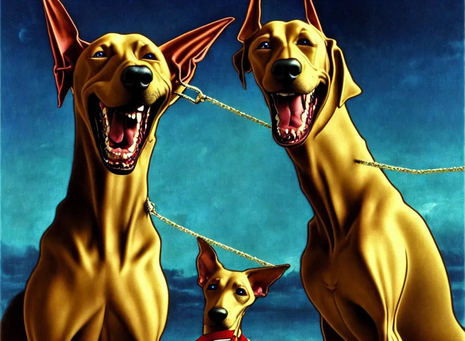 Image similar to realistic detailed portrait movie shot of an elegant blond male vampire with a doberman on a leash, sci fi landscape background by denis villeneuve, amano, yves tanguy, alphonse mucha, max ernst, caravaggio, roger dean, masterpiece, rich moody colours, dog teeth, blue eyes