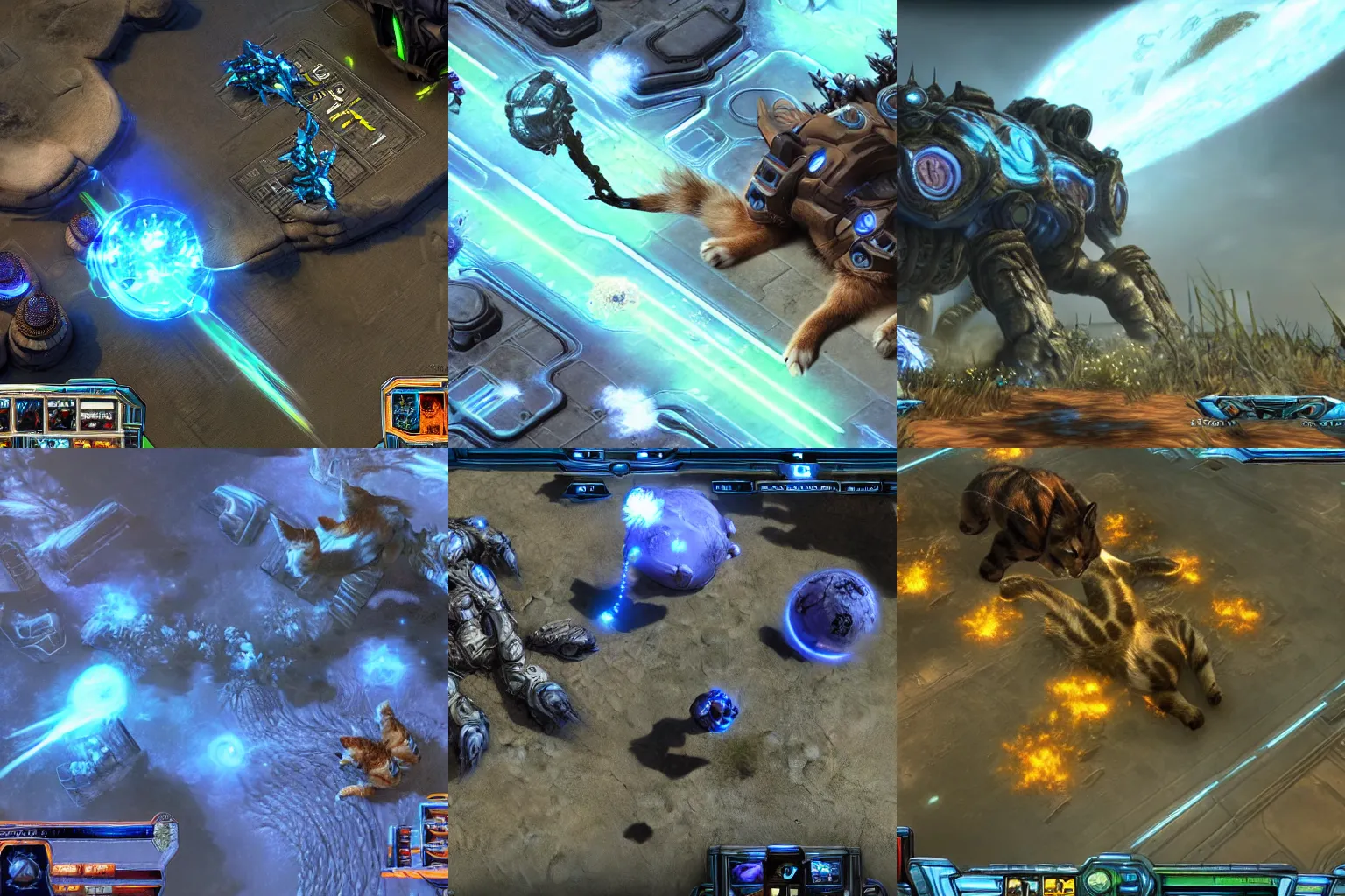 Prompt: screenshot of a giant cat sleeping in the middle of the map, in a Starcraft 2 game