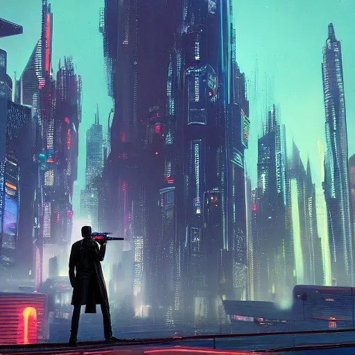 Image similar to a matte painting of a man in a black leather coat holding a gun to the sky in the middle of a cyberpunk city by Wayne Barlowe, night, neon lights,