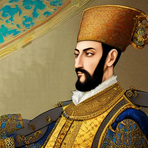 Prompt: a portrait of sultan suleiman the magnificent of the ottoman empire, focused gaze, art station, highly detailed, concept art, sharp focus, illustration in pen and ink, 4 k wide angle, by kentaro miura