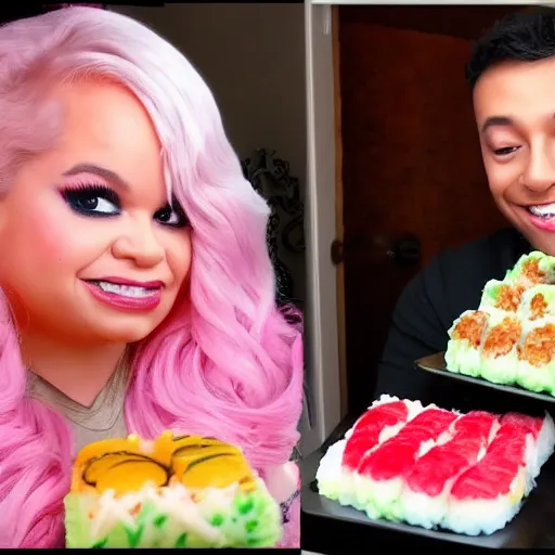 Image similar to trisha paytas eats sushi made out of birthday cake, mukbank, tumbnail