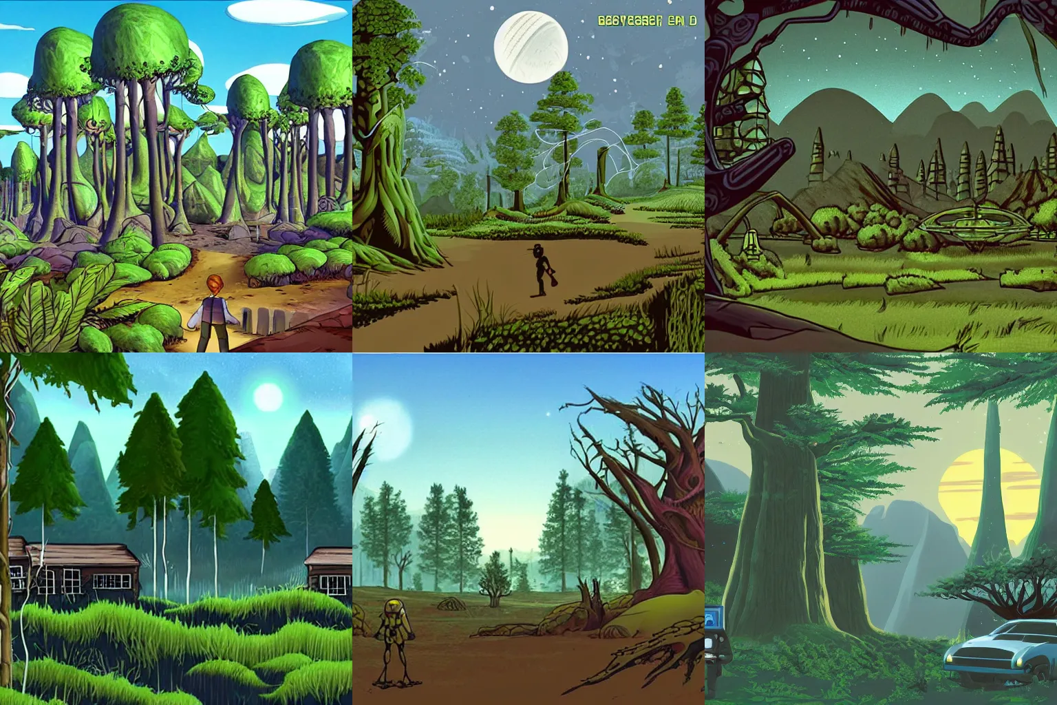 Prompt: a small town on an alien planet with an alien forest in background, from a space themed point and click 2D graphic adventure game, made in 1999, high quality graphics