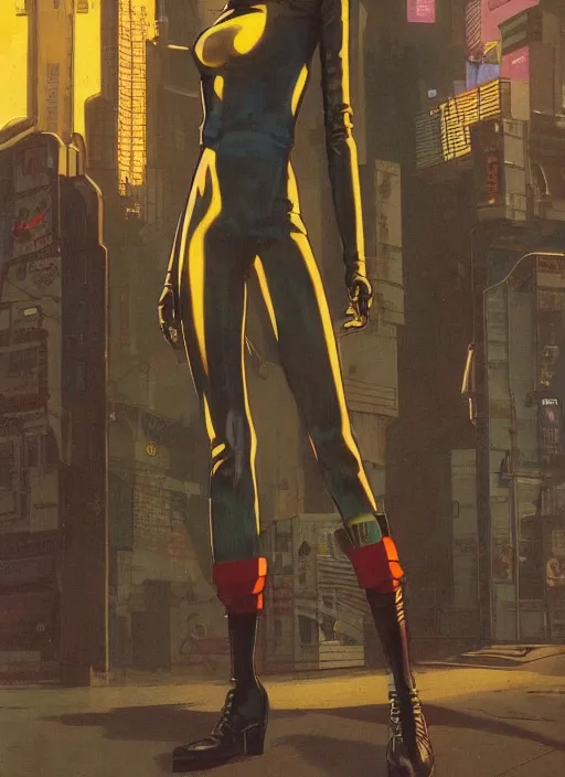 Image similar to cyberpunk traffic cop on stilts. distopian. portrait by mœbius and will eisner and gil elvgren and pixar. realistic proportions. cyberpunk 2 0 7 7, apex, blade runner 2 0 4 9 concept art. cel shading. attractive face. thick lines.