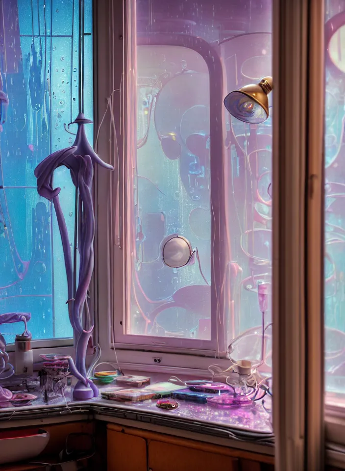 Image similar to telephoto 7 0 mm f / 2. 8 iso 2 0 0 photograph depicting the feeling of chrysalism in a cosy cluttered french sci - fi ( art nouveau ) cyberpunk apartment in a pastel dreamstate art style. ( computer screens, window ( rain ), sink, lamp ( ( fish tank ) ) ), ambient light.