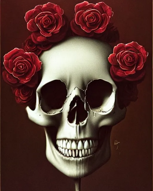 Prompt: portrait of a female skull with roses instead of eyes. roses, intricate abstract upper body intricate artwork, by zdzislaw beksinski, cinematic arthouse, key art, hyper realism, iridescent accents