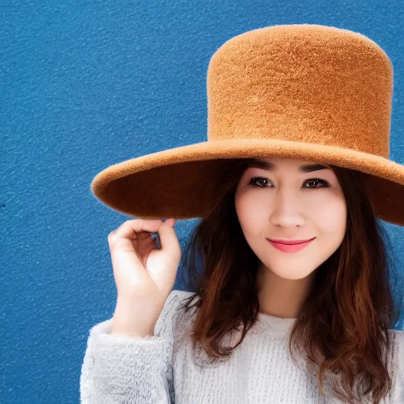Prompt: portrait of 2 5 - year - old social media profil woman oval pretty face with angle 9 0 ° centred looking away breading fresh air, strong spirit and look between serious and happy, caracter with brown hat, background soft blue