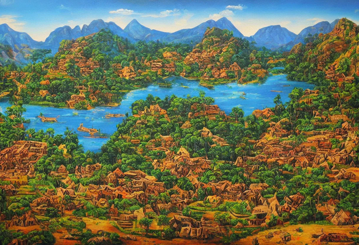 Prompt: aztec village between mountains, jungle, lakes and fields, colorful oil painting