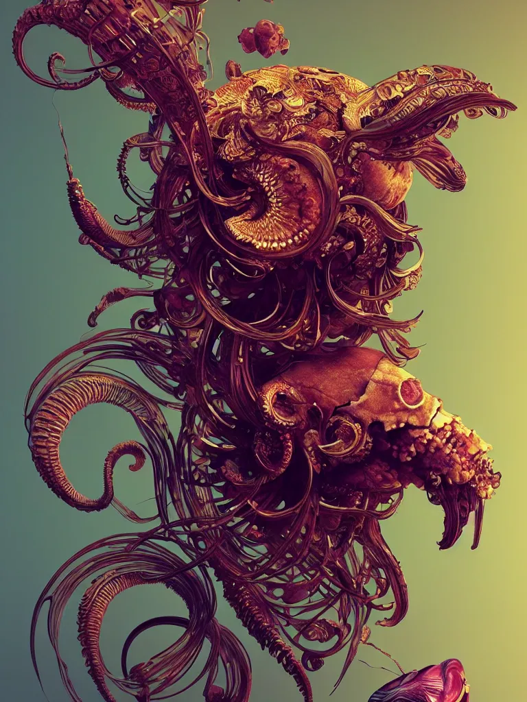 Image similar to close-up portrait ram skull abstract 3d composition. jellyfish phoenix head, nautilus, orchid, moebius, mucha, New art nouveau, skull, gold betta fish, bioluminiscent creatures, intricate artwork by Tooth Wu and wlop and beeple. octane render, trending on artstation, greg rutkowski very coherent symmetrical artwork. cinematic, hyper realism, high detail, octane render, 8k