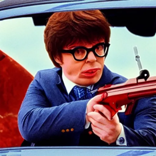 Prompt: austin powers shooting an ak - 4 7, photography, mike meyers, movie,