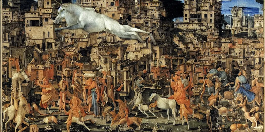 Prompt: unicorn in a futuristic cyberpunk town. By Filippino Lippi, highly detailed