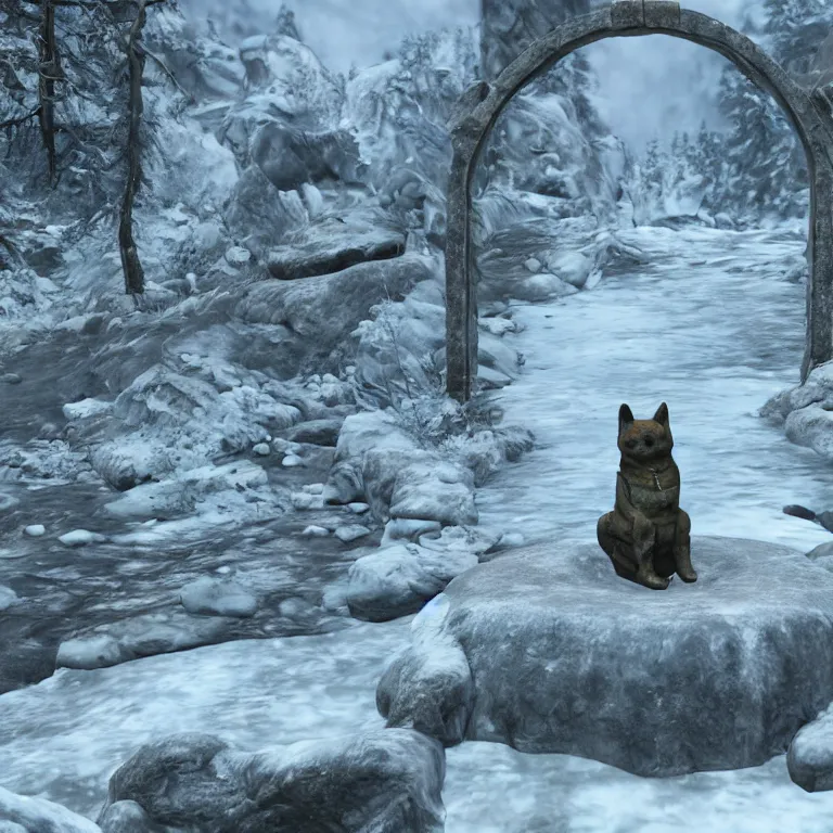 Image similar to an ancient and weathered stone shiba inu statue beside a frozen stream, underneath a nordic arch, skyrim pc screenshot