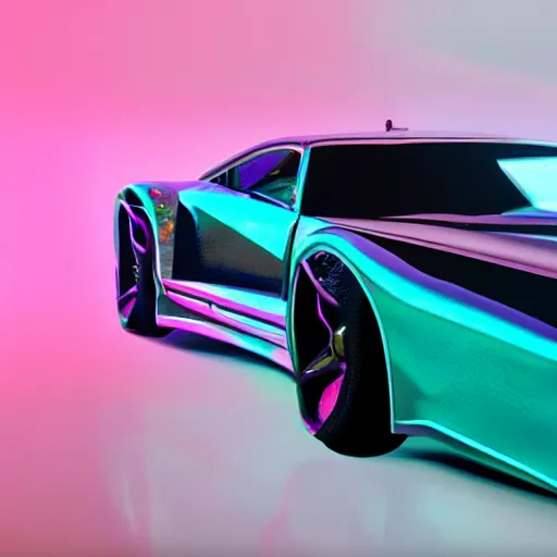 Prompt: vaporwave, car with holographic paint, pearlescent, elegant, digital painting, concept art, smooth, sharp focus, art style from Wang Ke and Greg Rutkowski and Bruce Kaiser and Scott Robertson and Dmitry Mazurkevich and Doruk Erdem and Jon Sibal, small style cue from Cyberpunk 2077
