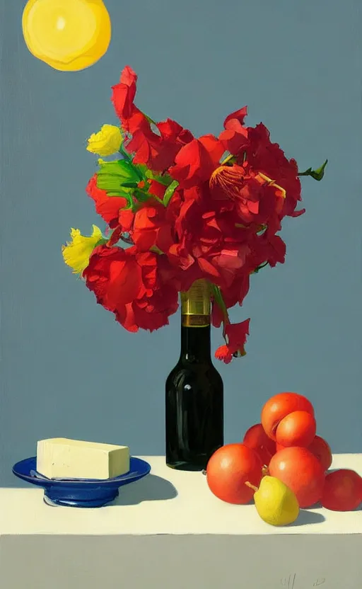 Image similar to beautiful still life featuring blooming flowers, tillamook cheese, and red wine, very coherent, painted by Edward Hopper, painted by James Gilleard, airbrush, art by JamesJean