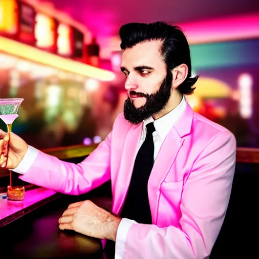 Image similar to toucan-headed man wearing an open pink suit vest and a white shirt having a drink at a bar, vaporwave