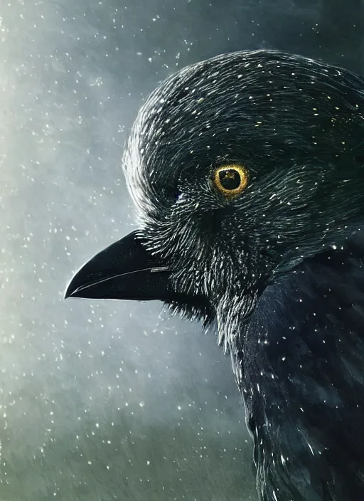 Prompt: glowing silver and golden elements, full close-up portrait, realistic crow, book cover, green forest, white moon, establishing shot, extremly high detail, photo-realistic, cinematic lighting, by Yoshitaka Amano, Ruan Jia, Kentaro Miura, Artgerm, post processed, concept art, artstation, matte painting, style by eddie mendoza, raphael lacoste, alex ross