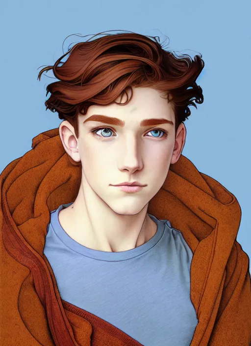 Image similar to art nouveau portrait of a teen boy with completely straight auburn hair, light blue eyes, pale skin, freckles, sad expression, t - shirt, modern casual clothing, natural lighting, path traced, highly detailed, high quality, cartoon, digital painting, by don bluth and ross tran and studio ghibli and alphonse mucha