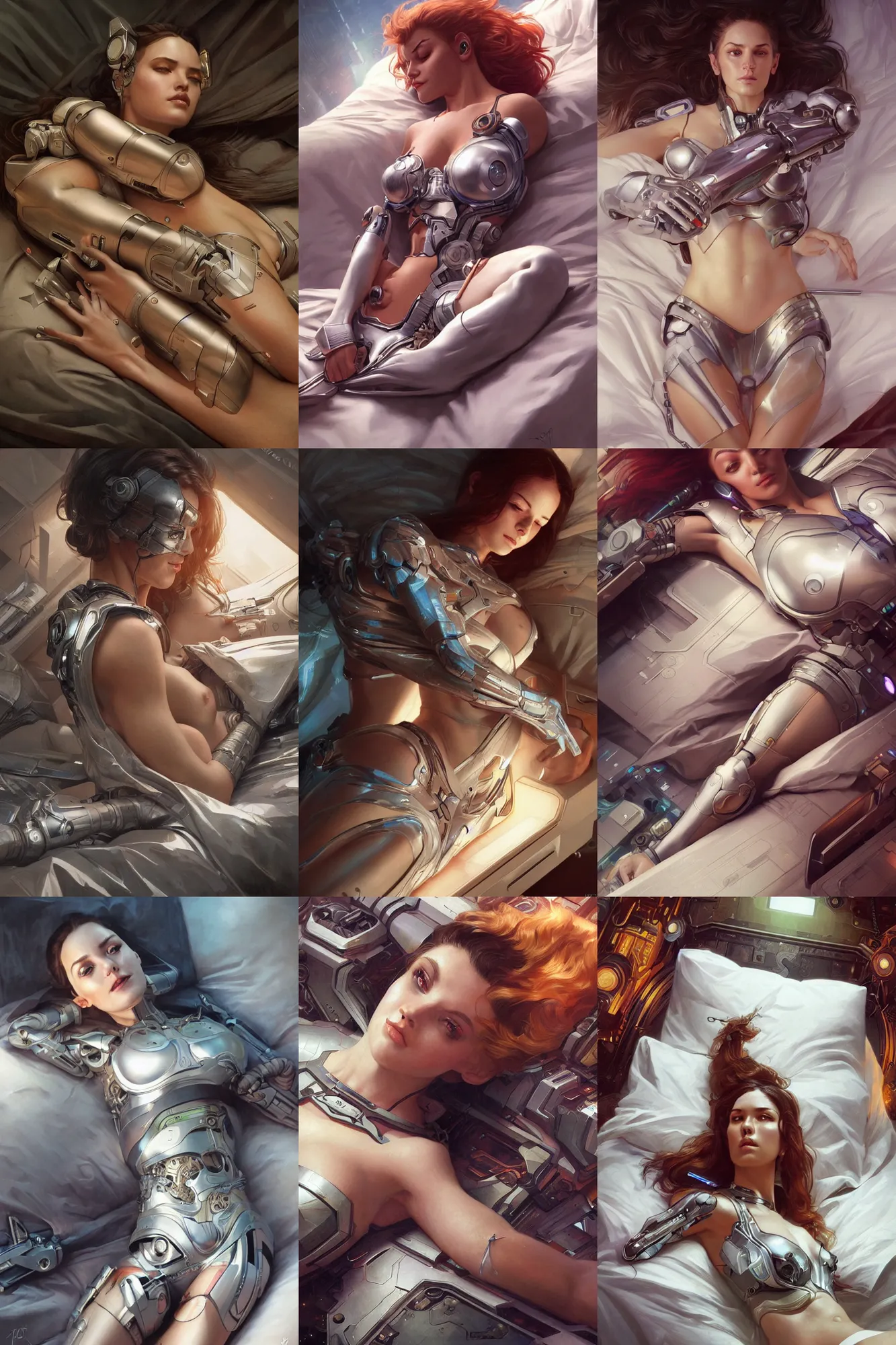 Prompt: Ultra realistic illustration, cyborg woman lying in bed, cyberpunk, sci-fi, fantasy, intricate, elegant, highly detailed, digital painting, artstation, concept art, smooth, sharp focus, illustration, art by artgerm and greg rutkowski and alphonse mucha