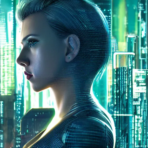 Image similar to ultra realistic and intricate detailed photoshoot of Scarlett Johansson as a cyberpunk woman looking out at city, neon, cyberpunk, technology, innovation, bright modern style, blade runner, artstation, unreal render, depth of field, ambient lighting, award winning, stunning