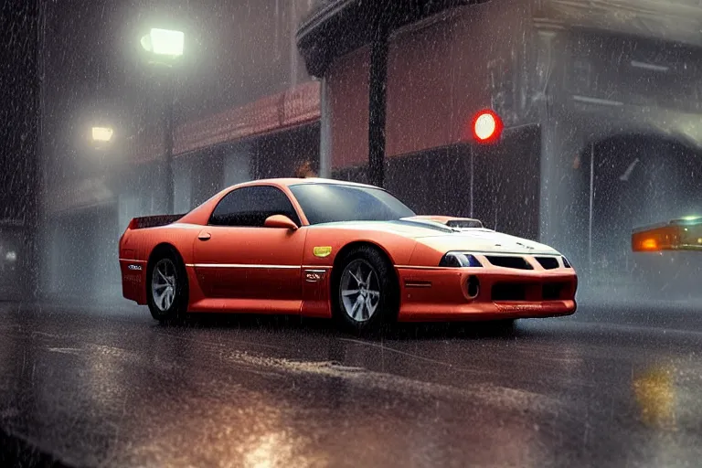 Image similar to hyperdetailed, photorealistic photograph of a 2 0 0 2 pontiac firebird trans - am drifting in the streets, rain, night, dense fog, hd, unreal engine 5 by greg rutowski, by stanley artgerm, by alphonse mucha