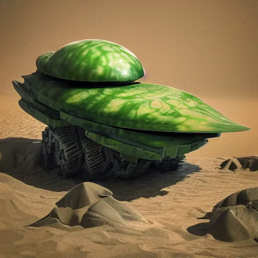 Prompt: Very very very very highly detailed sci-fi Watermelon military vehicle. Photorealistic Concept 3D digital art rendered in Highly Octane Render in style of Hiromasa Ogura Gost in the shell, epic dimensional light