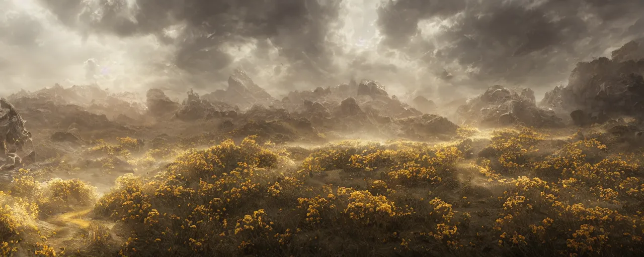 Image similar to ” otherwordly landscape covered with thick cream and honey, [ by wlop, cinematic, detailed, epic, widescreen, opening, establishing, mattepainting, photorealistic, realistic textures, octane render ] ”