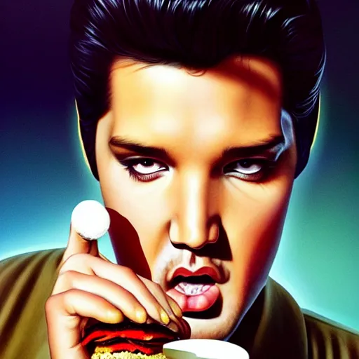 Image similar to portrait of Elvis Presley eating hamburgers, extra onions and ketchup, luscious patty with sesame seeds, ethereal, handsome, D&D, fantasy, intricate, elegant, highly detailed, digital painting, artstation, concept art, matte, sharp focus, illustration, art by Artgerm and Greg Rutkowski and Alphonse Mucha