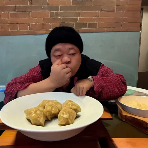 Image similar to Big Floppa eats dumplings