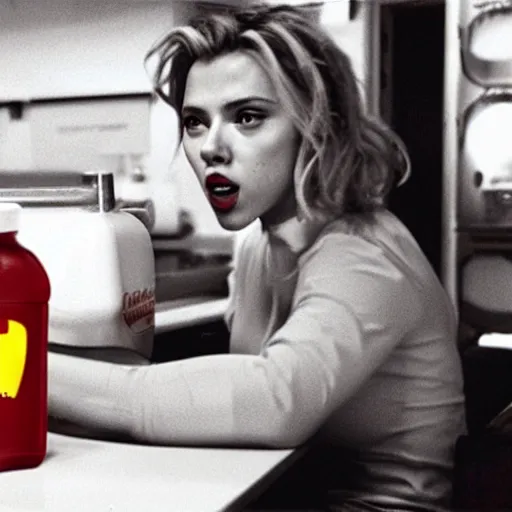 Image similar to Scarlett Johansson performing CPR on a hamburger, dripping BBQ Sauce, serving happy meals, spilling ketchup, 35mm print, hyperreal, emergency room footage