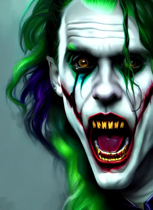 Image similar to portrait of jared leto as the joker, green hair, intricate, elegant, glowing lights, highly detailed, digital painting, artstation, concept art, sharp focus, illustration, art by wlop, mars ravelo and greg rutkowski