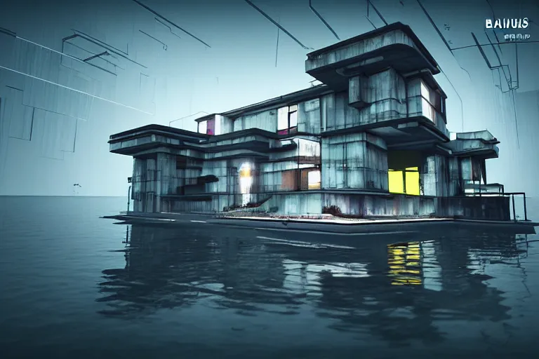 Prompt: distorted cyberpunk house in the lake, artwork by bauhaus, 4 k, 3 d ar vr art, metaverse concept art