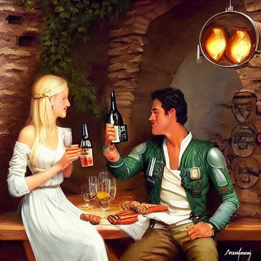 Prompt: Boba Fett and a beautiful young blonde drinking beer in a wine cellar, food, meat, schnapps, torches on the wall, romantic, inviting, cozy, painting by Vladimir Volegov