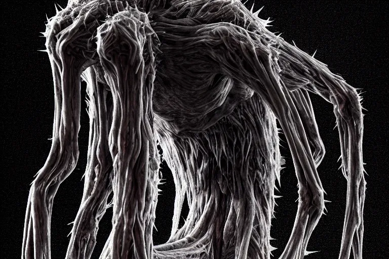 Prompt: lanky ink creature made out of a humanoid nervous system with large meaty spikes all over the body, cinematic, volumetric lighting, f 8 aperture, cinematic eastman 5 3 8 4 film, photorealistic