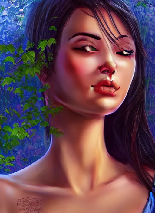 Image similar to photo of a gorgeous female in the style of stefan kostic, realistic, half body shot, sharp focus, 8 k high definition, insanely detailed, intricate, elegant, art by stanley lau and artgerm, extreme bokeh foliage