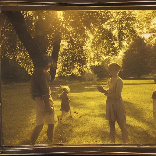 Image similar to Photograph, the warm, golden light of the sun casts a beautiful glow on the scene, and the gentle breeze ruffles the leaves of the trees. The figures in the photograph are engaged in a simple activity, the way they are positioned and the expressions on their faces suggest a deep connection. Peace and contentment, idyllic setting. tintype by Ilya Kuvshinov bold