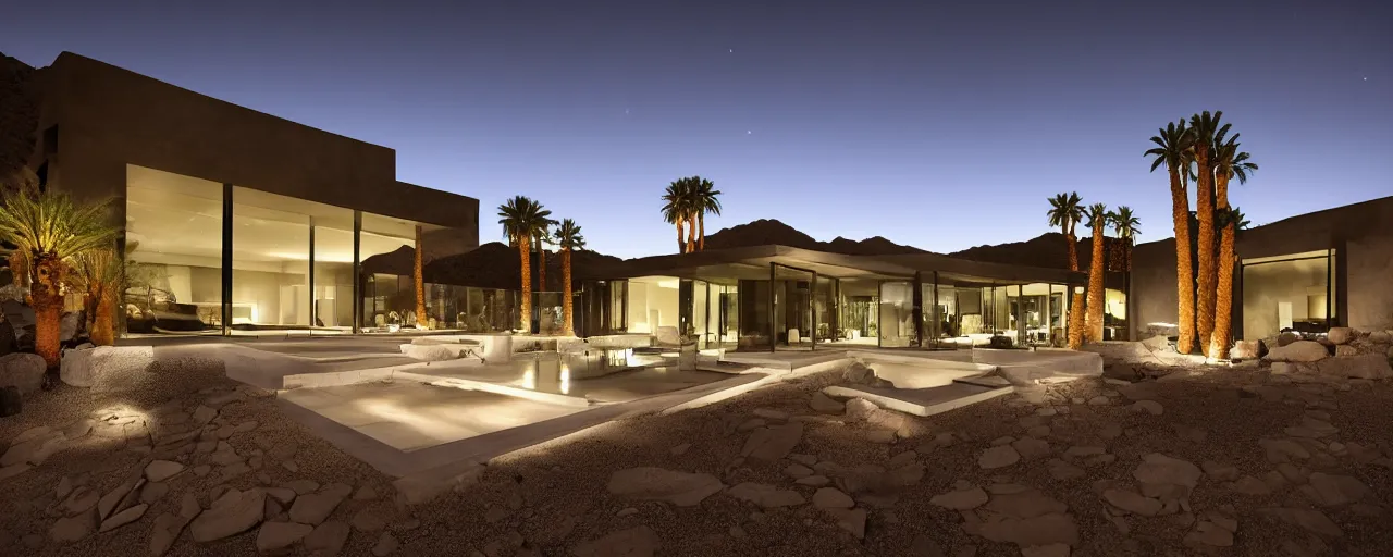 Prompt: hillside desert pavilion on moonless night, stars, dramatic view, palm springs, white stone, serene, glass, stone, large overhangs, beautiful vistas with cacti, illuminated pool, minimal kitchen, nesting glass doors, realistic, architectural photography,