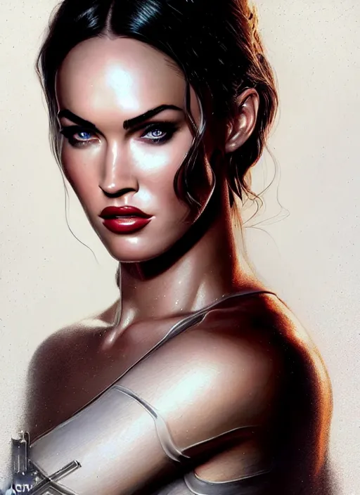 Prompt: portrait of megan fox as a host from westworld, intricate, elegant, glowing lights, highly detailed, digital painting, artstation, glamor pose, concept art, smooth, sharp focus, illustration, art by artgerm and greg rutkowski, artey freytag