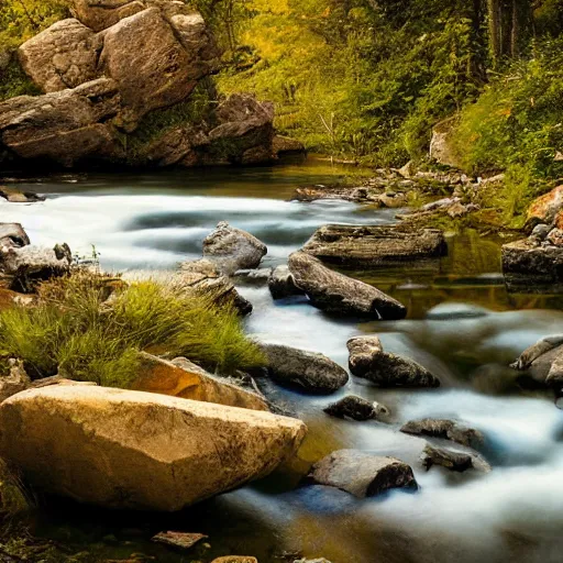 Image similar to a beautiful landscape, river, rocks, trees, volumetric lighting