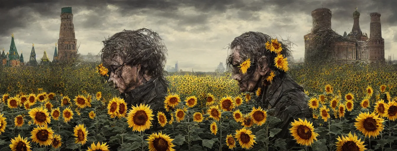 Image similar to old soldiers head being overgrown by sunflowers on Krim, Moscow in background, dark, eerie, despair, portrait photography, artstation, digital art, adward winning, concept art, artstation, highly detailed, sharp focus, by caravaggio