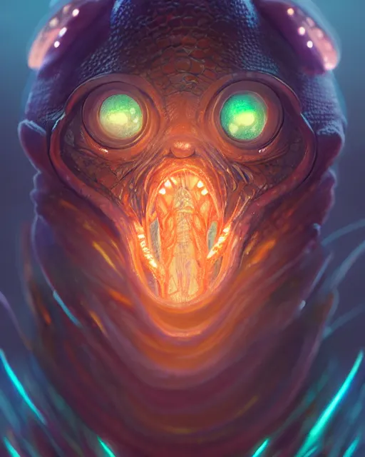 Prompt: one singular portrait of a cute bioluminescent scaly creature with glowing eyes, highly detailed, digital painting, cinematic, hyper realism, dark retrowave, art by Stanley Lau and Artgerm and magali villeneuve and Alphonse Mucha, artstation, octane render, cgsociety