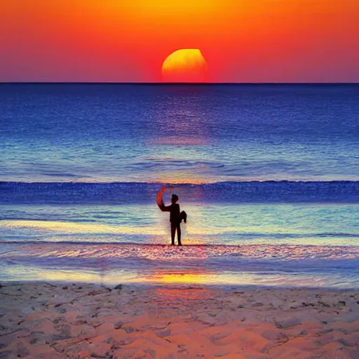 Image similar to one young man and one young woman drinking wine on a beach at sunset, beautiful colors, amazing landscape, digital art