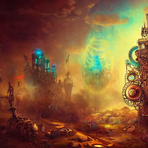 Image similar to psychedelic steampunk art, epic, 4k, concept art, detailed