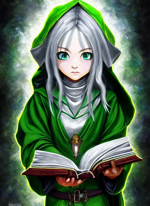 Prompt: a portrait of girl scholar in green robes, magic book library, magic circle, silver magic, god rays, fantasy, dungeons and dragons, an ultrafine detailed painting, chibi, detailed painting, boris valejo. octopath traveler decal!!!