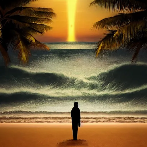 Prompt: A lone man at the beach watching the tsunami wave forming on the horizon, top post of /r/ConceptArt subreddit
