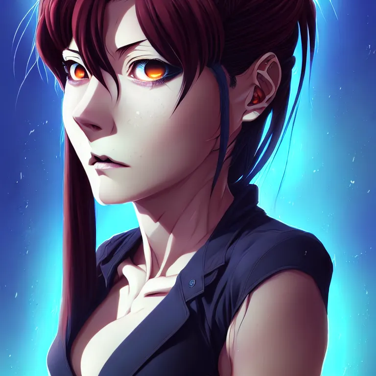 Image similar to a portrait of revy from black lagoon manga, symmetrical eyes, symmetrical face, art by lois van baarle and loish and ross tran and rossdraws and sam yang and samdoesarts and artgerm, digital art, highly detailed, intricate, sharp focus, trending on artstation hq, deviantart, unreal engine 5, 4 k uhd image